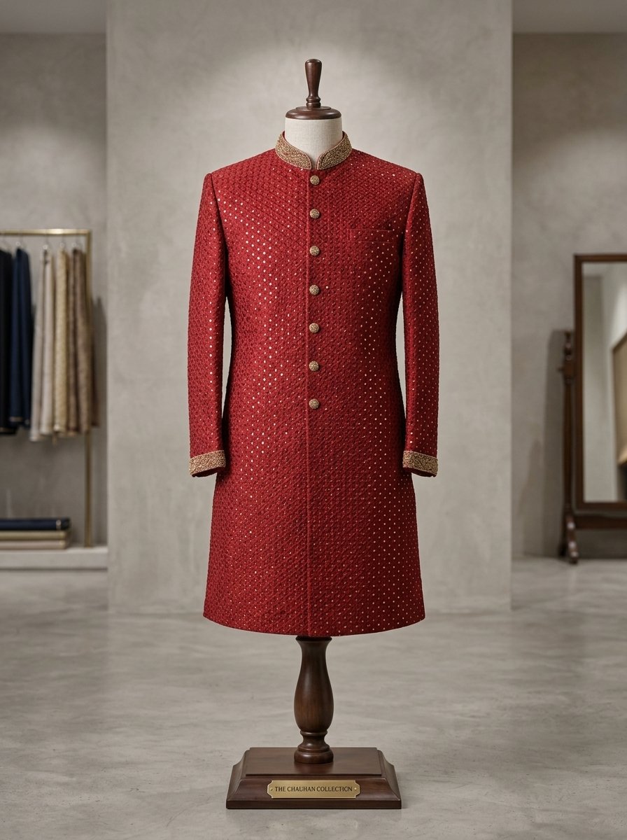 Premium Mehroon Hand Made Embroidered Sherwani
